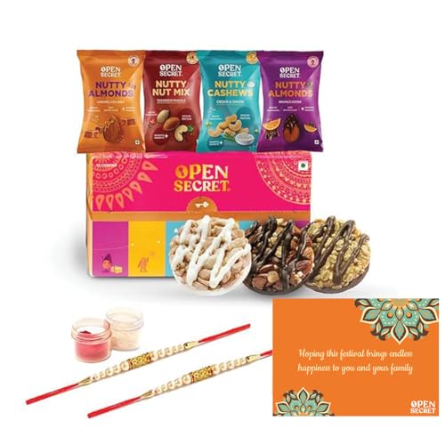 Open Secret Bhai Dooj Gift Set for Brother | Combo of 9 | Bhai Dooj Tikka for Brother, Cookies Gift Hamper, Dry Fruit Gift Box, Bhai Dooj Gift for Sister with Thread, Festive Card & Roli Chawal
