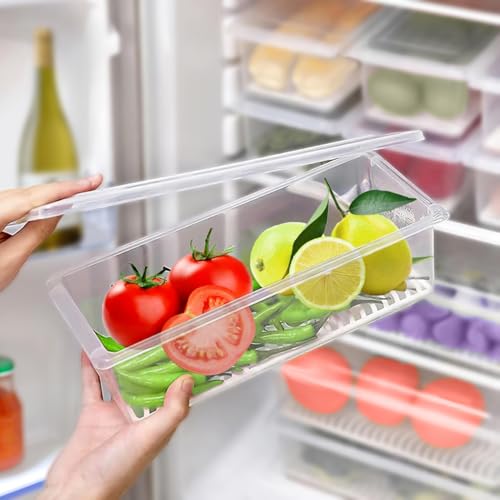 Story@Home Fridge Storage Boxes (Pack of 4) Plastic Storage Boxes for Kitchen, Fridge Storage Containers, Food Storage Container Set with removable Drain Plate & Lid for Fruits, Vegetables, Meat.