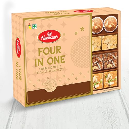 Haldiram’s Four in One 450G, Savour The Variety of Indian Sweets (Contains Dodha Burfi, Patisa, Besan Burfi & Panjeeri Ladoo)