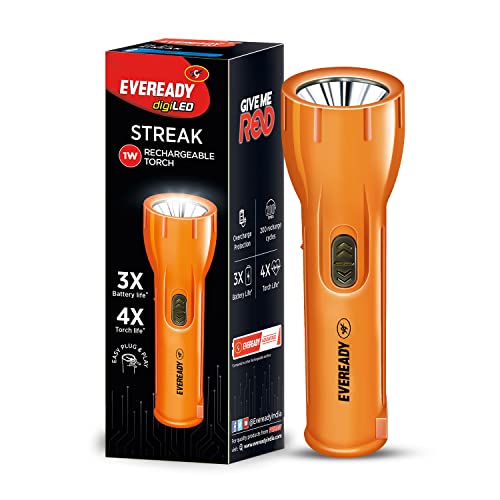 Eveready Streak DL22 Digi LED Torch | Super Bright 1W LED | 3X Battery Life | 4X Torch Life | Heavy Duty Rechargeable Flashlight | Overcharge Protection | Durable ABS Body