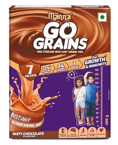Manna Go Grains Nutrition Powder for Kids. Supports Growth and Immunity. Made with Ragi, Bajra (7 Grains, Millets and Pulses. Chocolate Flavor 400g