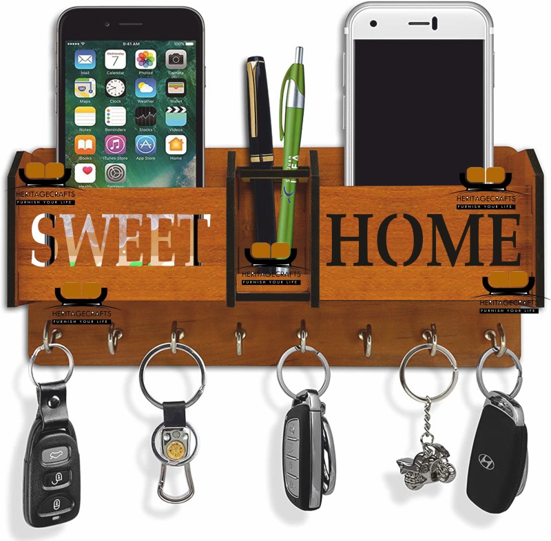 Heritagecrafts Special Designer Sweet Home Unique Wooden 2 Pocket Mobile and Pen Wood Key Holder(8 Hooks, Brown)