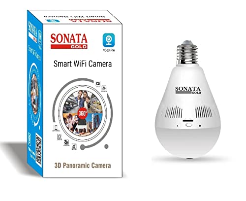 SONATA GOLD Series 1440P HD WiFi Bulb Light Wireless IP WiFi Camera,Fish Eye 360 Degree Panoramic Mini Lamp IR CCTV Home Security Camera(1 Year Warranty, Gold