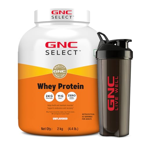 GNC Whey Protein Blend With Free Shaker | 4.4 LBS (2KG) | Unflavoured|24 Gm Protein| Digestive Enzyme For Better Digestion | Faster Muscle Recovery | Boosts Strength & Endurance | Zero Added Sugar | Builds Lean Muscles | Formulated In USA | Imported
