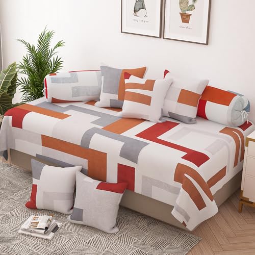 Story@Home Diwan Set Microfiber 8 Pc Set for Living Room- 1 Single Size Bedsheet, 5 Cushion Covers and 2 Bolster Covers, Red & Brown, Geometric