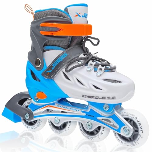 Jaspo Sparkle 2.0 Convertible & Adjustable Inline/Quad Roller Skates, 2-in-1 Design,Aluminium Chassis, 70mm PU 85A Wheels, PVC Shoe, Breathable mesh-for Kids & Youth (Blue/White, M)