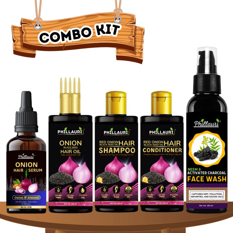 Phillauri Red Onion Blackseed Hair Combo Kit with Neem Facewash Combo Kit(5 Items in the set)