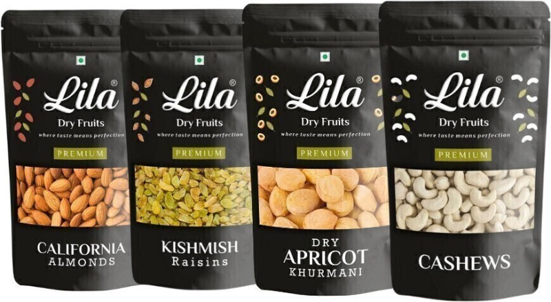 lila dry fruits Premium Quality Cashew Nuts, Raisins, California Almonds, Dry Apricot Each 200gm | Kaju , Badam, Khumani, Kishmish combo| Budget Combo Pack | Dry Fruits Combo | 800gm Almonds, Cashews, Raisins, Apricots(4 x 200 g)