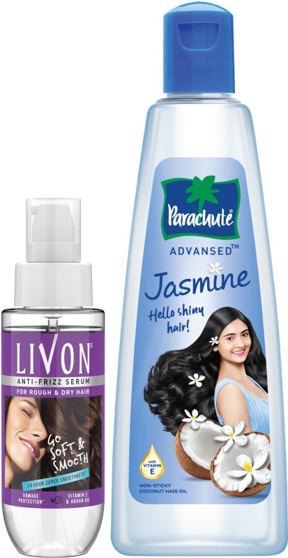 Parachute Advansed Jasmine Coconut Hair Oil, Shiny, Strong Hair & Livon Hair Serum for Women & Men(2 Items in the set)