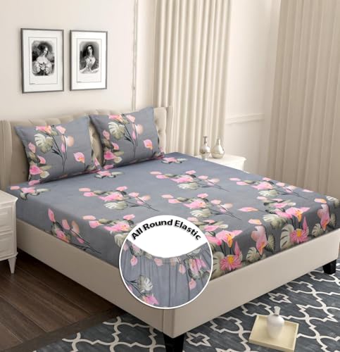 BSB HOME Premium Cotton Elastic Fitted Bedsheets with 2 King Size Pillow Covers | Double Bed with All Around Elastic 180 TC Supersoft | Size – 72 King Sizex78+10 inches | Pink & Grey