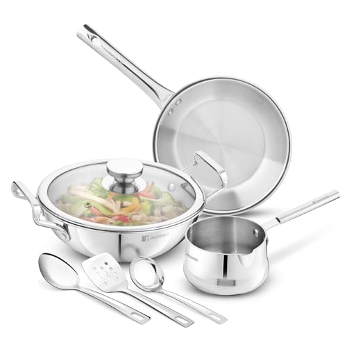 Bergner TriPro 7 Pcs Triply Stainless Steel Induction Bottom Cookware Set, 22cm (2L) Kadai, 22cm (1L) Frypan with Dome Shaped Common Glass Lid, 12cm (0.9L) Coffee Warmer, Ladle, Serving Spoon, Turner