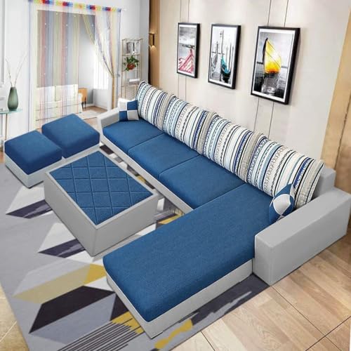 CASASTYLE Adona 8 Seater Fabric RHS Sectional L Shape Sofa Set with Centre Table & 2 Puffy (Dark Blue- Light Grey)