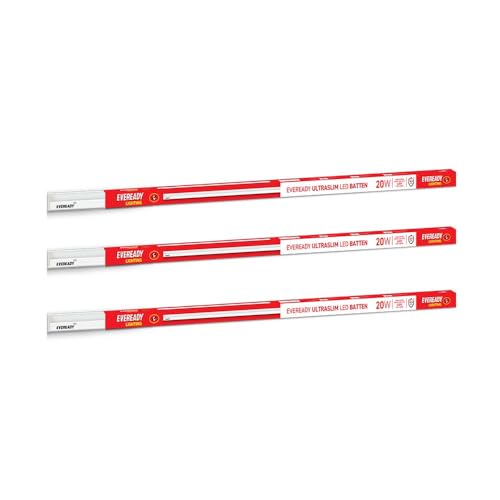 Eveready 20W LED Batten | Ultraslim | Highly Efficient | 100lm/W | Fire Retardant PC Body | Lasts Upto 25000 Hours | Pack of 3 | 4kV Surge Protection | BIS Approved | White, Cool Day Light