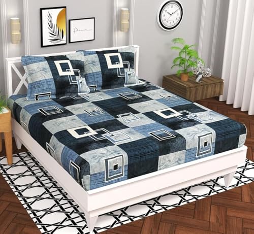 BSB HOME Microfiber 144 TC Aspire 2.O Collections Soft Breathable Wrinklefree Cheks Printed Double Bedsheets with 2 Regular Size Pillow Covers, Color Black Grey and White