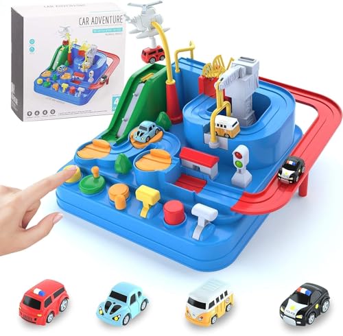 Car Adventure Race Track with Parking Lot- Playsets for Toddler- Simulating Driving Steering Wheel Musical Toys for Boys & Girls 3 4 5 6 7 8 Years Old