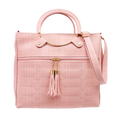 Stylish 3-in-1 PU Leather Handbag with Checks Design, Golden Chrome Handle, Phumta Tassel, Shoulder Belt, 2 Zipper Pockets, 3 Inner Compartments – Ideal for Daily Use (ONION)