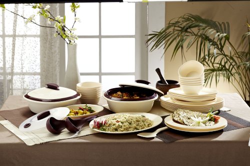 Signoraware Square Dinner Set, 36 Pieces, Off White/Maroon, Plastic