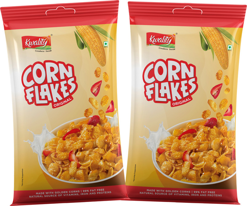Kwality Corn Flakes, Natural Source of Vitamins, Iron & Proteins, Breakfast Cereal Pouch(2 x 0.5 kg)