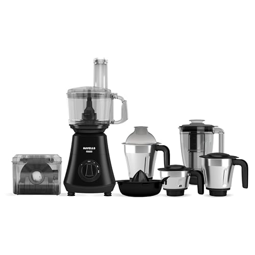 Havells Foodo 750 W 5 Jar Mixer Grinder|14 Different Functionalities |Food Processer Jar with Dual Pusher|Rust Resistant 304SS Cutters | Attachment Storage Box|5 Yr Motor Manufacturer Warranty (Black)