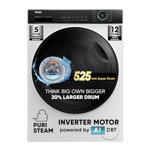 Haier 8 kg 5 Star Powered by AI-DBT with PuriSteam, 525mm Super Drum Fully Automatic Front Load Washing Machine (HW80-IM12929C, Inverter with In-Built Heater, White)