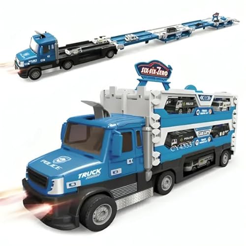 RAMNATH IMPEX Car Transporter Toy Truck for Toddlers 3-5 with 55-Inch Ejection Race Track, Deform Catapulting and Shooting Folding Storage Car Carrier with 6 Race Cars Gift for Kids – Multicolor(B)