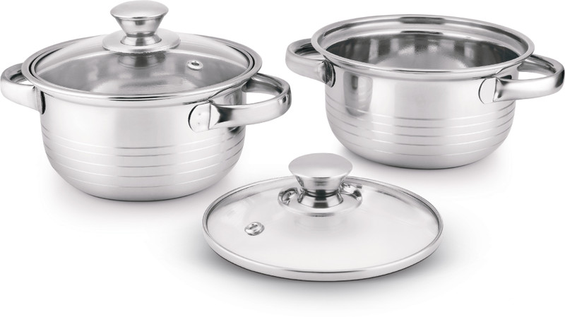 Classic Essentials Stainless Steel Marvel Casserole with Glass Lid Pack of 2 Cook and Serve Casserole Set(1050 ml)