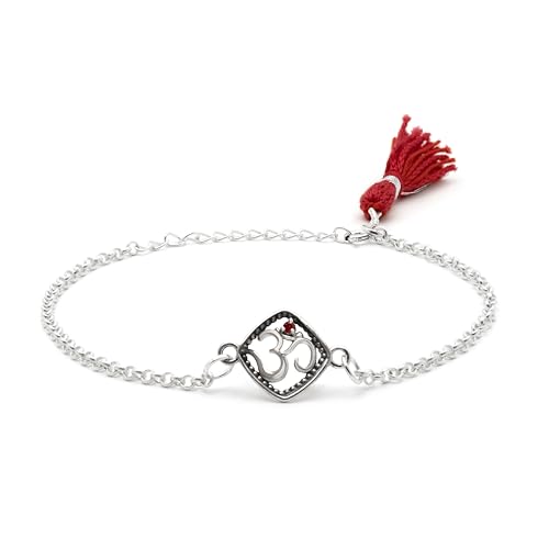 MEENAKARI HERITAGE JEWELLERY Pure 925 Sterling Silver Om with red stone chain Bracelet/Rakhi set with Roli Chawal and Rakshabandhan Greeting Card For Brother/Men/Unisex