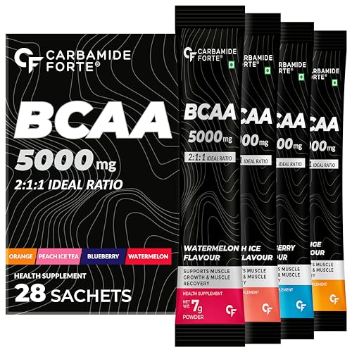 Carbamide Forte BCAA Powder 5000mg 28 Sachet|BCAA Supplements For Unisex Muscle Growth|BCAA Pre Workout & Intra Workout For Muscle Recovery|7g Serving with Ideal 2:1:1 Ratio|4 Flavors – Pack Of 28