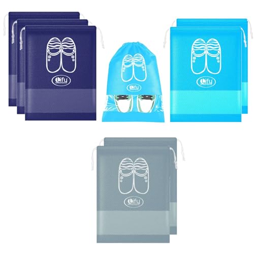 Lify Portable Travel Shoe Bags Shoe Organizer Space Saving Storage Bags- Medical Blue (3pcs), Navy Blue (3 pcs) & Light Grey (2 Pcs) 16 X 12” Inches- 8 Piece Pack