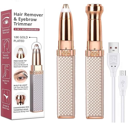 2-in-1 Eyebrow Trimmer & Facial Hair Remover for Women | Rechargeable Epilator with Built-in Ring Light | Face, Upper Lips, Chin, Nose, and Cheeks Hair Removal Tool (Gold)