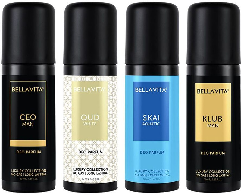 BELLAVITA organic Deo Parfum Travel-Size Gift Set|4×50 ml|Long Lasting Body Deodorant Spray  –  For Men & Women(200 ml, Pack of 4)