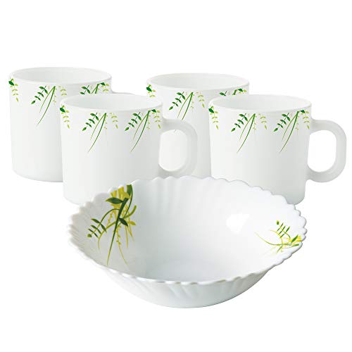 Larah by Borosil Hub Opalware Set – 4 x 180ml Cups and 1 Snack Bowl (5 Pieces) | Microwave and Dishwasher Safe | Ideal for Tea, Coffee, and Casual Meals