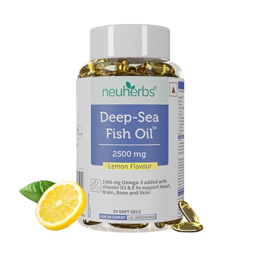 Neuherbs Deep Sea Omega 3 Fish Oil 30 Softgels, Omega 3 Supplement Triple Strength 2500 Mg for Muscle, Joints, Heart & Cognitive Support, No Fishy Burps with Lemon Flavour, 1 count, 30 capsules