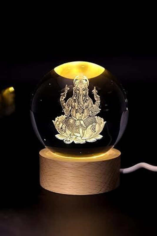 BITSY BLOOM 3D Crystal Ball Lamp | Night Light with Wooden Base | Table Lamp(8 cm, LORD GANESHA)