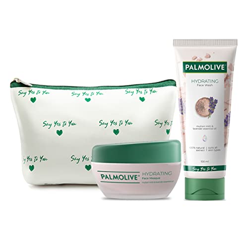 Palmolive Hydrating Face Care Combo With Beauty Pouch, Gel Facewash & Face Masque, Multani Mitti & Lavender Essential Oil, Suitable For All Skin Types, Combo Pack (100ml + 100ml)