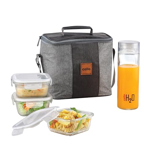 CELLO Glassy Suare Lunch Box Set of 4 | (320ml x 3) & 1 Clear Glass Water Bottle (500ml) | Leak-Proof & Microwavable Toughened Glass | Perfect Lunch Box Set for Office, School & College