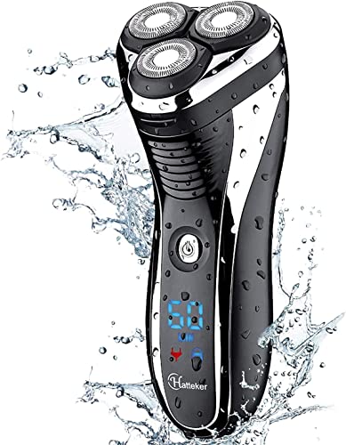 Hatteker Men’s USB Rechargeable Electric Shaver Cordless Rotary Wet and Dry Beard Pop-Trimmer, Black