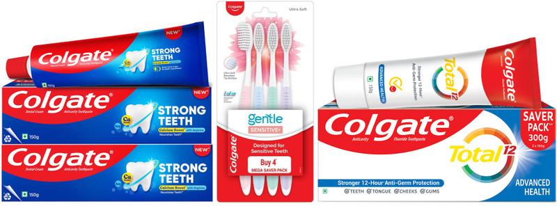 Colgate Gentle Sensitive Toothbrush 4Pc & Strong Teeth 150gx2 Total Advanced Health 300g Toothpaste(600 g, Pack of 4)