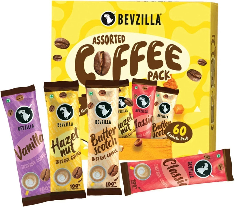 Bevzilla Instant Coffee Powder – 60 Sachets Box, Makes Premium Cups, 15 Sachet Each Instant Coffee(60 x 2 g, Assorted Flavoured)