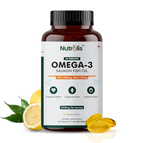 Nutrolis Omega-3 Salmon Fish Oil Capsules 2500mg – Lemon Flavour Triple Strength Supplement for Heart, Brain, Joint Health, Cholesterol Management & Immune Support | 1080mg EPA and 720mg DHA | – 60 Softgels