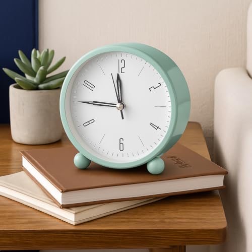 Vaanar Sena Metal Analog Alarm Clock – 4-Inch Silent Non-Ticking Small Clock with Night Light, Battery Operated, Simple Design for Bedroom, Bedside, or Desk (Green)