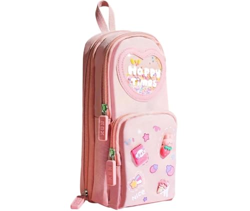 LEAFZY Large Capacity Pencil Case for Girls, 6 Layer Canvas Pouch with 3 Compartments, Cute Aesthetic Purple & Pink Stationery Organizer for School & Kids (Pink)