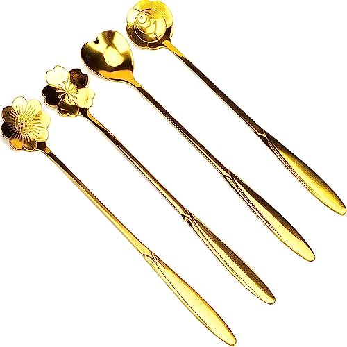 Elegant Flower‑Shaped Stainless Steel Dessert/Coffee/Tea Spoon Set – Ideal for Sugar, Cake, Ice Cream & Table Service – Durable Kitchen Cutlery for Cafés, Bars, Parties, Gifting (4, Golden)