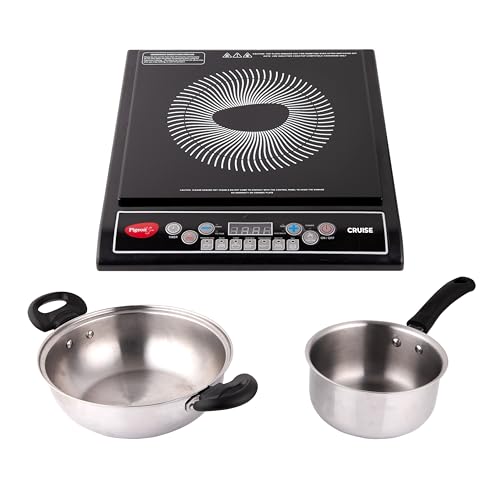 Pigeon By Stovekraft Cruise 1800-Watt Induction Cooktop (Black) & Stainless Steel Kadai(22cm), Sauce Pan(16cm) Set Of 3