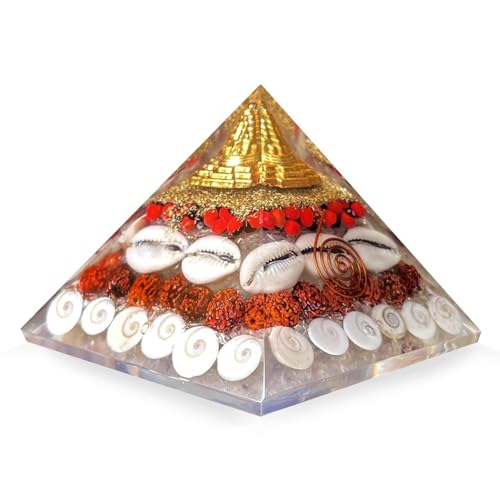 ONISHOMES Laxmi Pyramid for Spiritual Growth Wealth Enhancer with Shree Yantra Decorative Showpiece,Vastu Pyramid with Rudraksha, Shree Yantra, Gomati Chakra, White Kauri & Ratti Seeds for Prosperity