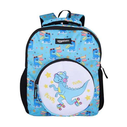 Amazon Basics Trendy and Spacious Dino Theme Kids 3 Compartment Backpack | Comfortable Padding | 14 Inches (Sky Blue)