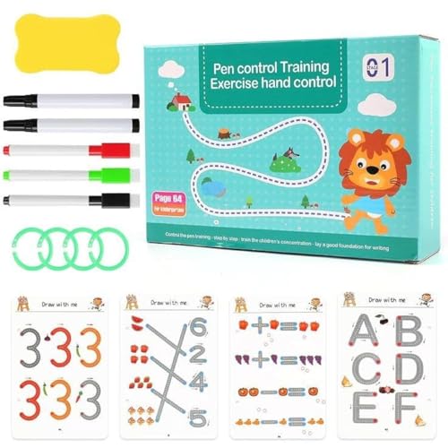 64 Pages Magical Tracing Book Set for Kids – Reusable Pen Control Workbook for Learning Alphabet, Numbers – Preschool Handwriting & Educational Activity Book-1 pc
