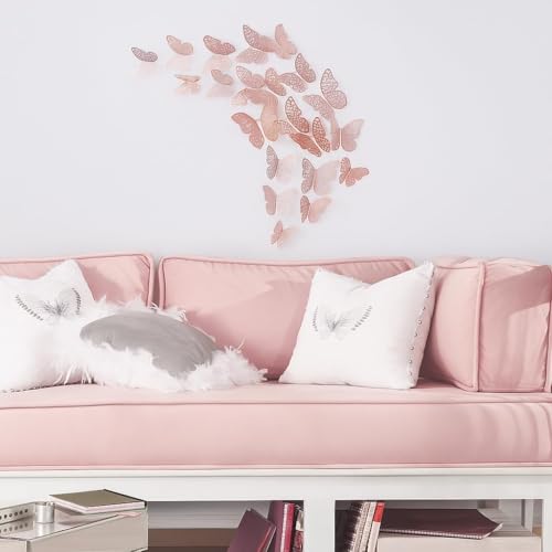 3D Metallic Butterfly Wall Stickers Set – 12 Pcs Rose Gold DIY Home Decoration (12, Rose Golned-Butterfly)