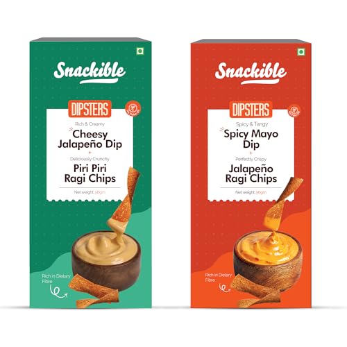 Snackible Dipsters Chips & Dip – Assorted | Pack of 2 Flavours | Cheesy Jalapeno Dip, Spicy Mayo Dip | No Palm Oil | No Refined Sugar | Made with Whole Grains | Rich & Creamy Dips with Chips | Mixed Flavours | Healthy Chips and Biscuit Sticks