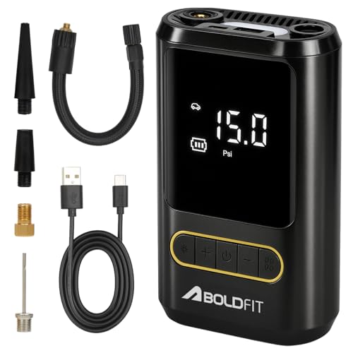 Boldfit Tyre Inflator for Car Portable Digital Air Pump for Car Bike Tyres Upto 150 Psi 2000mAh*2 Battery Cars Air Pump for Tyres Rechargeable with C Type, USB Port, Led Flash 6 Months Warranty